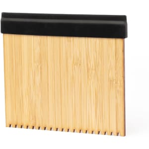 A bamboo ice scraper with a black rubber edge, featuring a textured design and a simple branding logo.