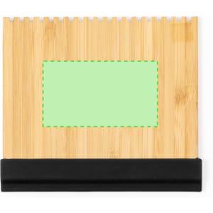 A bamboo ice scraper with a black rubber handle, featuring a green rectangular area for customisation.