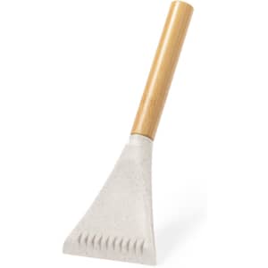 A light grey ice scraper with a wooden handle, designed for outdoor use. It features a textured scraping edge.