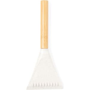 A Nigex Ice Scraper with a bamboo handle and a transparent scraping blade, designed for outdoor use.