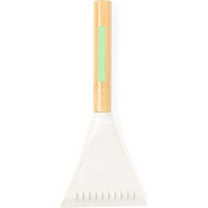 A bamboo-handled ice scraper with a white scraping head and a green accent.