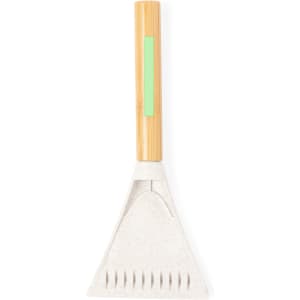 A light grey ice scraper with a bamboo handle and a green accent. It features a ridged scraping edge.