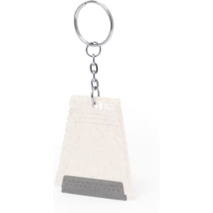 A keyring comprising a white ice scraper with a grey blade attached to a metal chain.