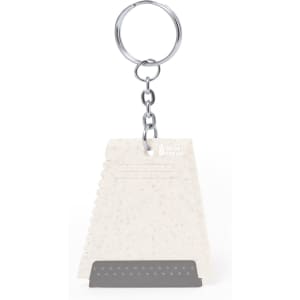 A keyring featuring an ice scraper design, with a white textured body and a grey scraper edge.
