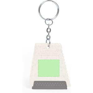 A keyring ice scraper in white with a grey scraping edge and a green section for customisation.