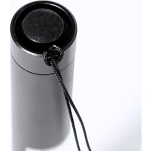 A black emergency hammer with a cylindrical body and a hanging cord. It features a round cap on top.