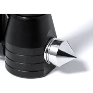 A black emergency hammer with a metallic pointed end, featuring a textured grip and an attachment point.