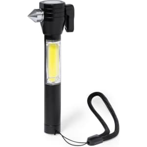 A black emergency hammer tool with a built-in light, featuring a pointed tip and a detachable strap.