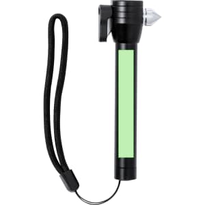 A black emergency hammer featuring a reflective green grip and a lanyard for easy carrying.