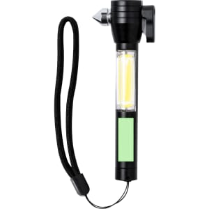 A black emergency hammer with a built-in light and a lanyard, featuring a logo on its body.
