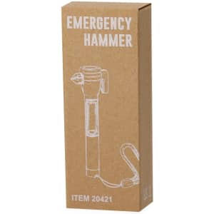 A brown cardboard box containing an emergency hammer. The box features a simple illustration of the tool.