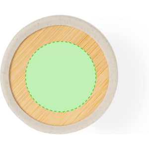 A round air freshener with a bamboo base and a light green centre, featuring a simple logo on the edge.