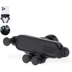 A black car phone holder featuring multiple suction cups for secure attachment. Includes an image of a phone mounted in the holder.