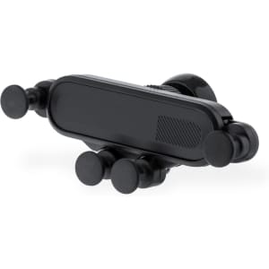 A black car phone holder featuring a sleek design with suction cups for attachment. It includes a logo on its surface.