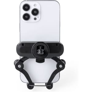 A black and grey phone holder designed to secure a smartphone, featuring an adjustable grip and a sleek design.