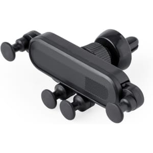 A black car phone holder with adjustable grips, featuring a sleek design and a branding logo.