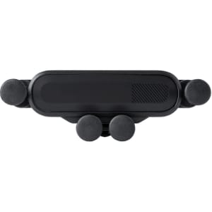 A black car phone holder with four rubberised grips for stability, featuring a textured surface and a logo on it.