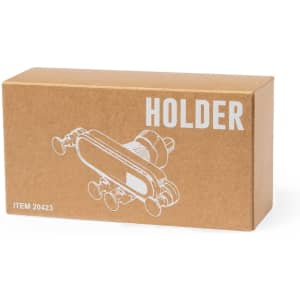 A cardboard box containing a car phone holder, featuring a design with mounts on each side and a logo.