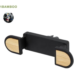 A black car phone holder featuring bamboo accents, with adjustable grips for securing the device.