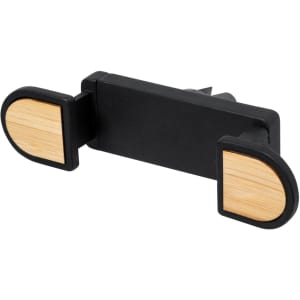 A car phone holder in black with wooden accents on the sides, featuring a sleek design.