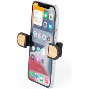 A car phone holder featuring a sleek black design with wooden accents, securely holding a smartphone in place.