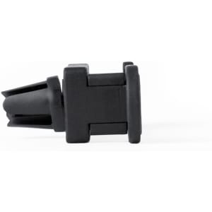 A black car phone holder designed to clip into air vents, featuring a compact and sturdy design.