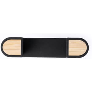 A black car phone holder with wooden accents on both ends, designed to secure smartphones.