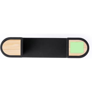A black car phone holder with wooden ends and a green accent. It features a minimalist design.