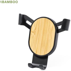 A car phone holder with a black base and a bamboo texture plate, featuring a logo on the top.