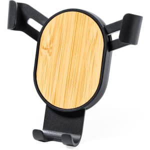 A black car phone holder with a bamboo face, designed to securely hold mobile devices.