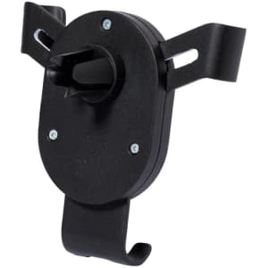 A black car phone holder featuring a circular design with side clamps and a hook at the base.