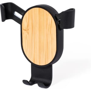 A black and bamboo car phone holder with a secure grip for devices. It features a rounded design and a branding logo.