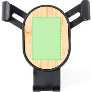 A black car phone holder with a bamboo base and a green placeholder area for branding or customisation.