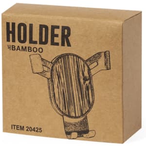 A brown cardboard box containing a bamboo car phone holder, featuring a simplistic design and a logo.