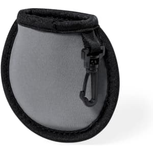 A grey golf ball cleaning pouch with a black trim and a clip for attachment. It has a simple curved shape.