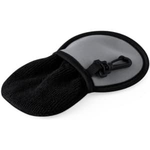 A black golf ball cleaning pouch with a grey interior and a clip for attachment. Includes a soft cleaning material inside.