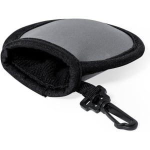 A grey golf ball cleaning pouch with a black trim and a clip for attachment. The pouch has a soft interior.