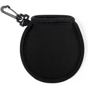 A black golf ball cleaning pouch with a clip. Made of soft material, featuring a rounded design.