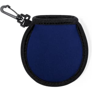 A navy blue golf ball cleaning pouch with a black trim and a clip for attachment.