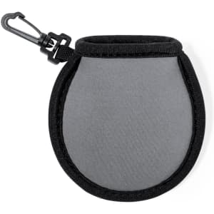A grey golf ball cleaning pouch with a black trim and a clip for attachment.