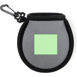 A grey golf ball cleaning pouch with a black trim and a clip attachment, featuring a green square area.