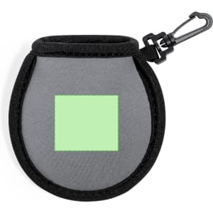 A grey golf ball cleaning pouch with a black trim and clip, featuring a green patch on the front.