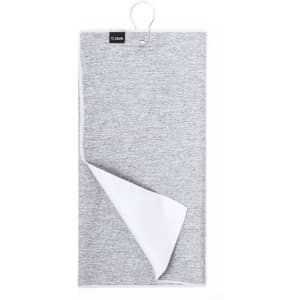A grey golf towel with a white underside and a loop for hanging. It features a logo.