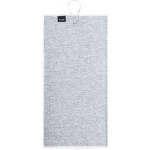 A grey golf towel with a hanging loop and a small logo at the top.