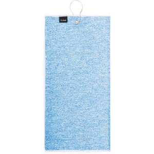 A blue golf towel with a textured design and a hanging loop, featuring a logo.