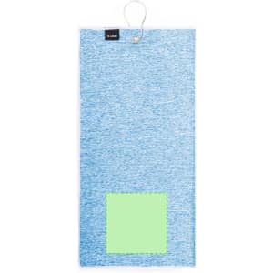 A blue golf towel featuring a green section and a hanging loop, designed for convenience on the golf course.