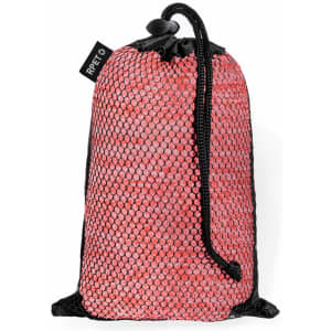 A pink mesh drawstring bag with a black cord, designed for carrying items. It also features a branding tag.