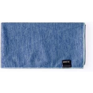 A blue absorbent towel with a textured pattern, featuring a small branding label on one edge.