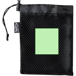 A black mesh pouch with a square panel in bright green, featuring a drawstring closure and a logo tag.