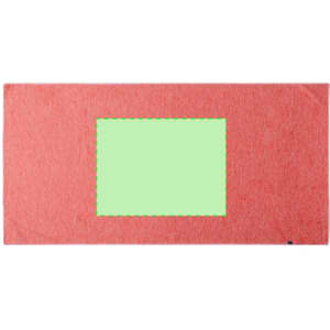 A rectangular, absorbent towel in coral with a green centre, featuring a logo in the bottom corner.